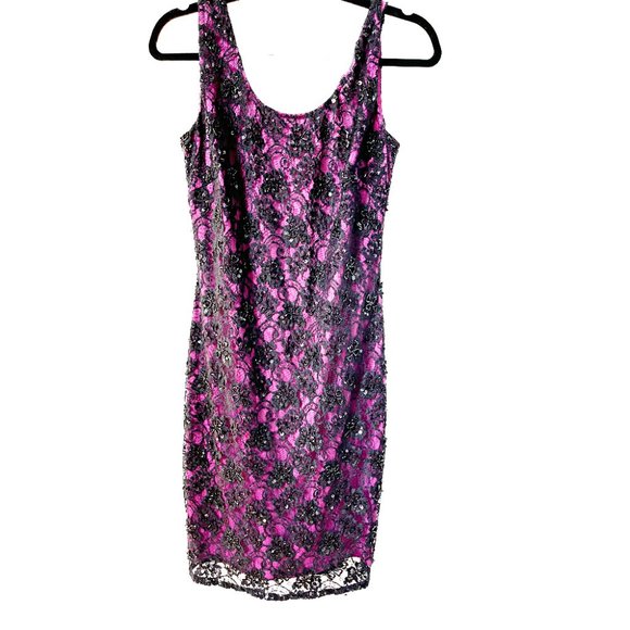 Adrianna Papell Evening Black Lace and Beaded Cocktail Dress Over Purple Size 6 - Picture 2 of 3